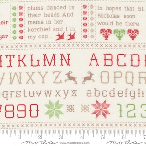 May include: A cream-coloured fabric with a red, green, and brown cross-stitch pattern. The fabric features a Christmas-themed alphabet, numbers, and a reindeer design. The text "plums danced in their heads. And mama in her kerchief and I in my cap..." is also included. The fabric is marked with a ruler in inches.
