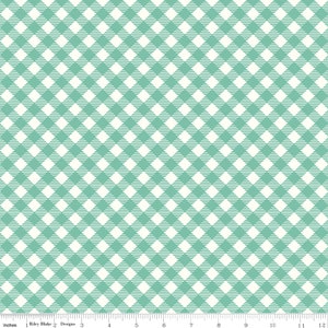 May include: A white and teal gingham fabric with a repeating pattern of squares. The fabric is measured in inches.