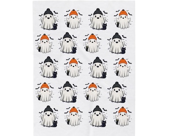 Whimsical Halloween Blanket with Cartoon Ghosts and Black Cats Cozy and Festive Decor White
