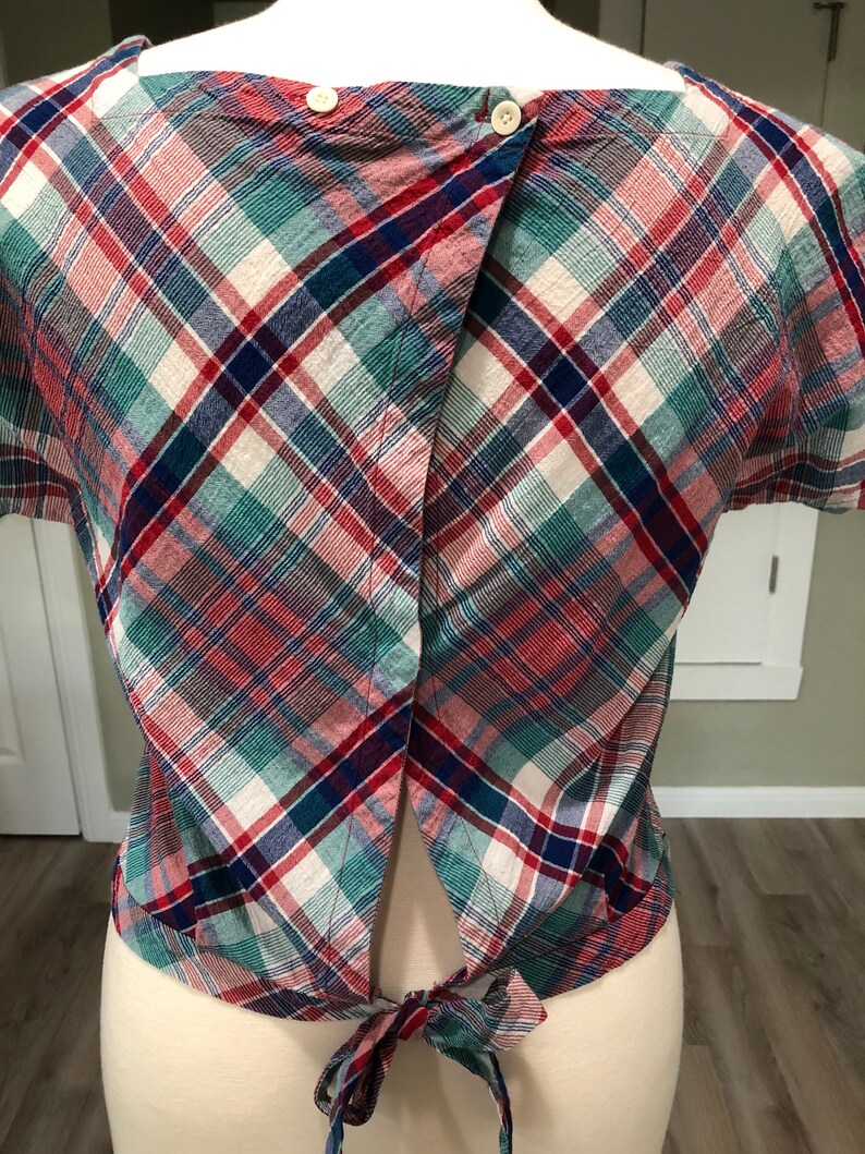 Vintage 1970s Croptop Plaid croptop with back-tie size M-L festival wear boho croptop