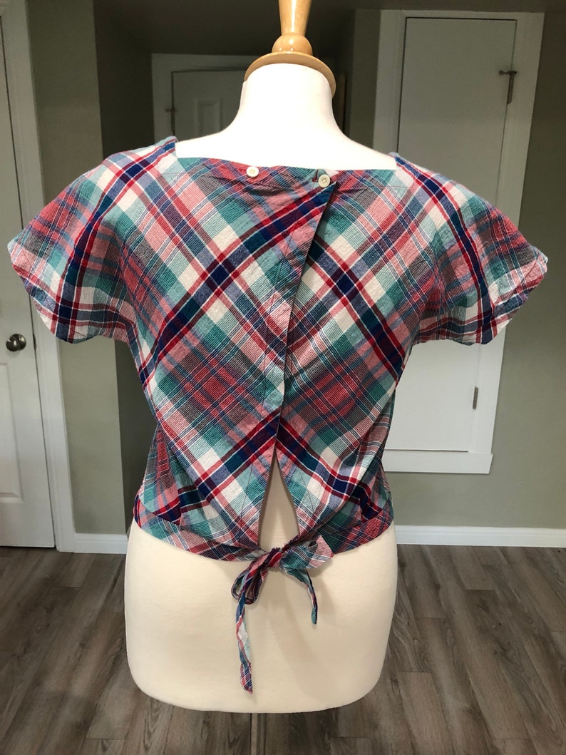 Vintage 1970s Croptop Plaid croptop with back-tie size M-L festival wear boho croptop