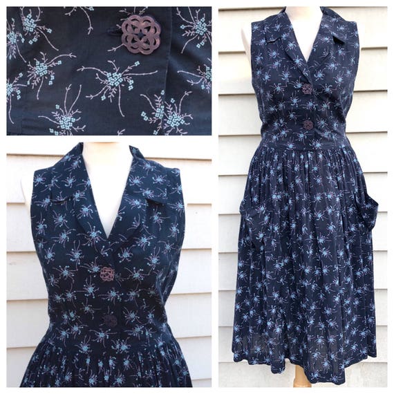 Vintage 1960s dress Navy blue Novelty print Floral cotton | Etsy