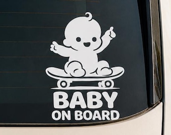 Cute Baby on Board Skateboard Decal 4.5" x 5.6", Baby Car Window Sticker, New Parent Vinyl Vehicle Decal