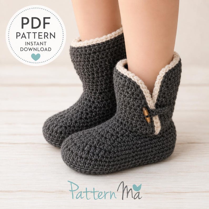 Gray crochet women’s slipper boots with folded cuffs, side view