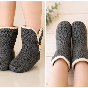 Pair of gray crochet slipper boots worn on feet, front view