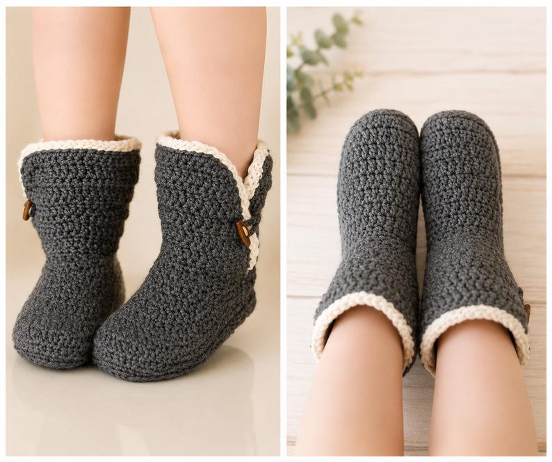 Pair of gray crochet slipper boots worn on feet, front view