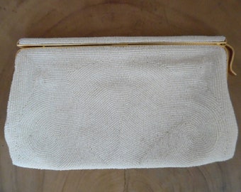 Vintage 1960s White Beaded Evening Clutch Walborg Purse with Mirror Seed Bead Embellished Evening Purse Bridal Purse with Gold Tone Frame