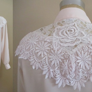 Vintage 1980s Pale Pink Blouse by Judy Fashions Long Sleeve Blouse with Heavy Lace Trim
