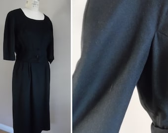 Vintage 1980s Ellen Tracy Black Wool Dress; Secretary's Dress; Black Wool Career, Day Dress with Self Belt