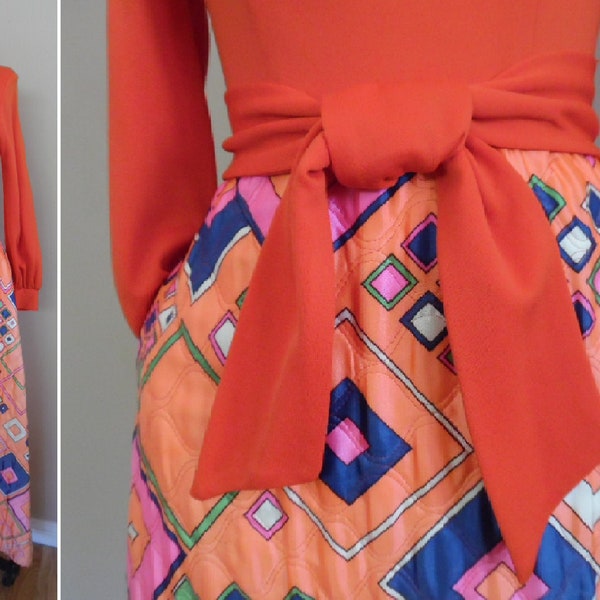 Vintage 1970s Orange Hostess Gown with a Quilted Orange and Royal Purple Mod Geometric Print Skirt by Leland of California Mock Neck Gown