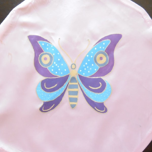 Vintage 1990s Hand Painted Pillow Case Butterfly Pillow Cover Applique Boho Patch Pink Satin Pillow Cover with Purple Butterfly