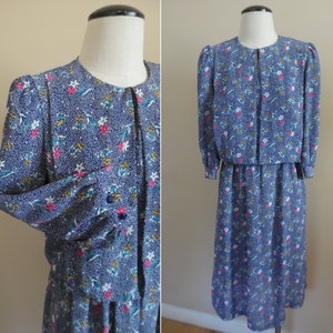Vintage 1970s Secretary Dress Blue Ditsy Floral Print Dress with 3/4 Sleeves by Robert Robert