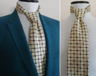 Vintage 1980s Silk Necktie by Renzo Cream Teal Rust and Brown Geometric Tie Hand Made NecktieLetasVintageLetasVintage