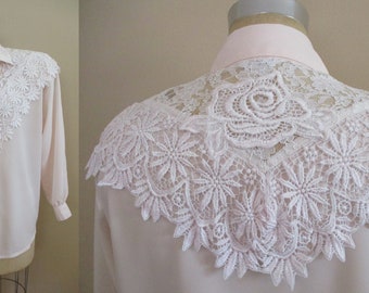 Vintage 1980s Pale Pink Blouse by Judy Fashions Long Sleeve Blouse with Heavy Lace Trim