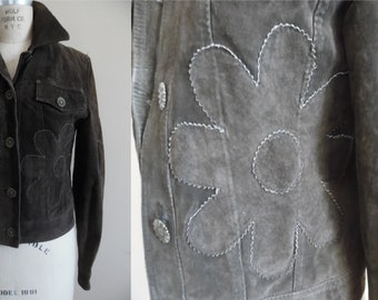 Vintage 1990s Embellished Brown Suede Jacket Western Jean Jacket by 9 & Co Brown Suede Jean Jacket with Tonal Heart and Floral Appliques