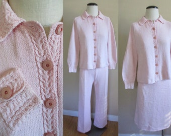 Vintage 1970s Hand Knit 3 Piece One of a Kind Pink Weekender Suit Size Small Knit Skirt Suit