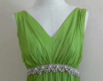 1960s Evening Gown Green Silk Chiffon Vintage Sleeveless Formal Gown Empire Waist Metallic Trim Bow Train Greek Revival Bridesmaid Gown
