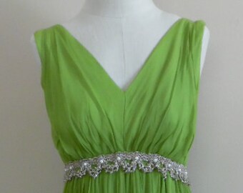 1960s vestido de noite verde seda chiffon vintage sem mangas vestido formal cintura império metálico guarnição arco trem renascimento grego vestido de dama de honra