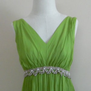 1960s Evening Gown Green Silk Chiffon Vintage Sleeveless Formal Gown Empire Waist Metallic Trim Bow Train Greek Revival Bridesmaid Gown