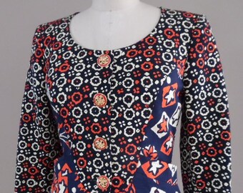 Vintage 1980-tals röd krämfärgad och marinblå abstrakt blommönster tygblockad faillejacka av Christian LaCroix Paris Frankrike