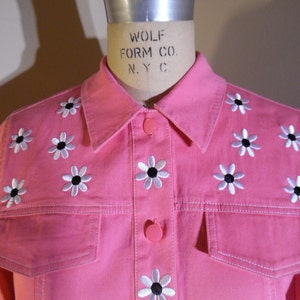 Vintage 1990s Embellished Pink Western Jean Jacket by Bob Mackie Wearable Art Pink Jean Jacket with Daisy Embroidery