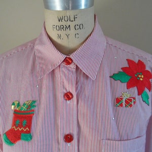 Christmas Shirt Unique Red and White Candy Cane Stripe Button Up Shirt with Applied Stockings Gifts and Poinsettias by Drapers and Damons