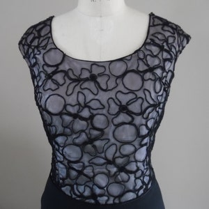Dress, Semi Formal Vintage Late 1980s or Early 1990s, Black Lace and Chiffon Tea Length Gown by Coty
