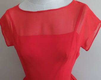 Dress Vintage 1960s Lipstick Red Chiffon Cap Sleeve Cocktail Party Dress with Sheer Overlay and Full Skirt