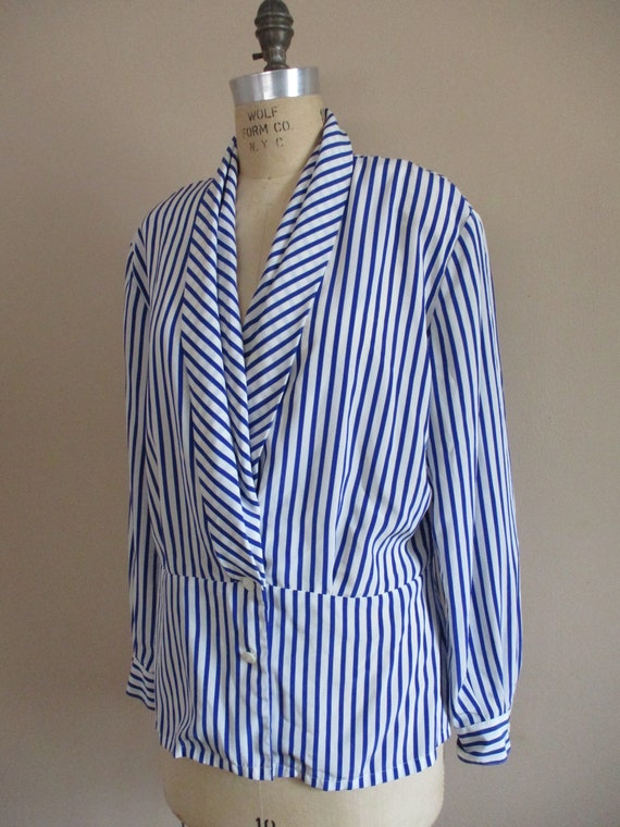 Vintage 1990s Blue and White Striped Blouse Surpl… - image 4