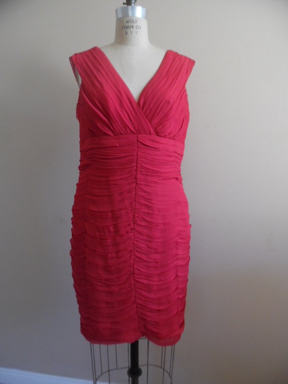 Red Silk Dress Vintage 1990s Red Sleeveless Ruche… - image 2