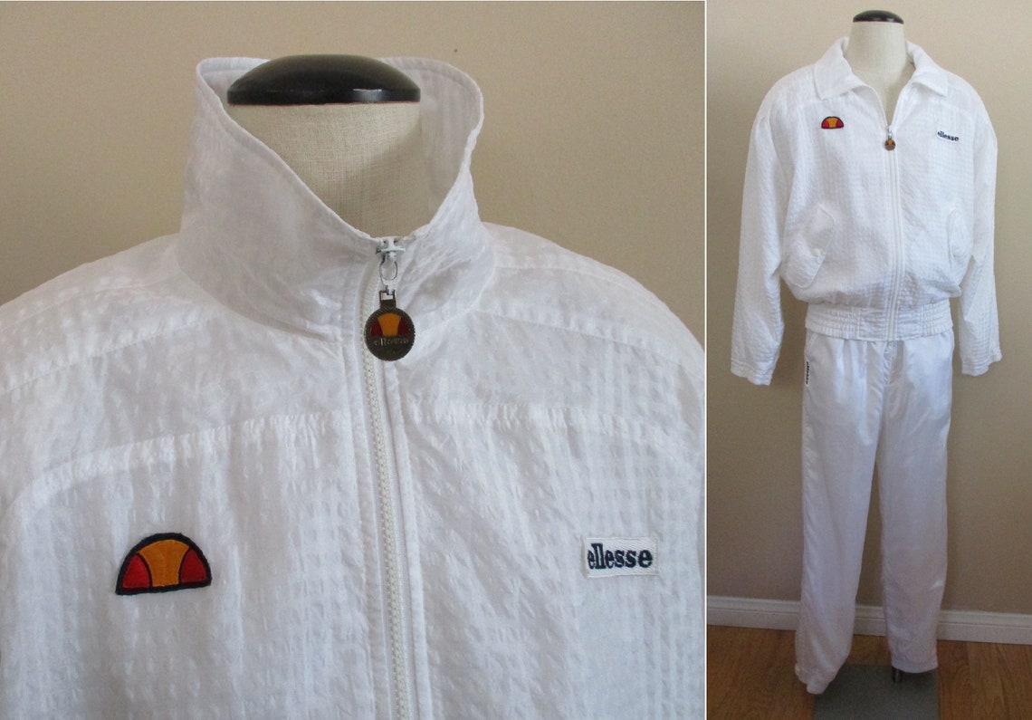 Vintage 1980s Jog Suit White Tonal Check Warm Up Suit Crinkled image 1