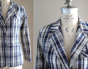 Vintage Blue Plaid Cotton Blazer from Separates by DonnKenny Navy Blue Tan and White Spring and Summer Jacket Short Summer Blazer