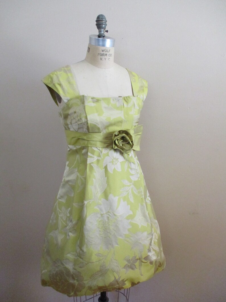 Vintage 1990s Cocktail Dress Acid Green Silk Floral Brocade Party Dress with Pouf Skirt from Teri Jon by Rickie Freeman image 3