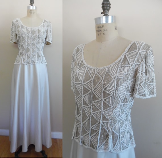 Vintage 1990s Evening Gown Beaded Platinum and Iv… - image 1