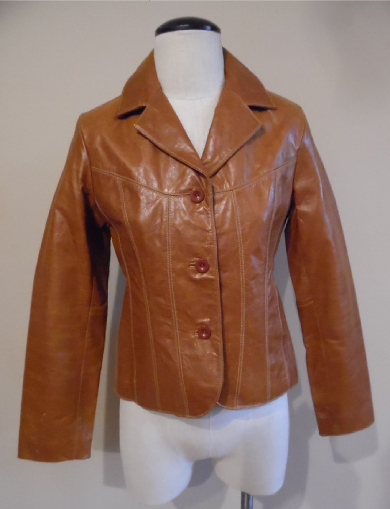 May include: A brown leather jacket with a button-up front and a fitted silhouette.
