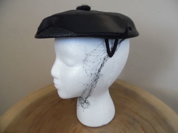 Vintage 1950s Black Glazed Straw Mini Hat by Gene Doris New  display picture 2