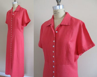 Vintage 1990s Coral Linen Like Dress with Pleated Bodice by Prophecy by Sag Harbor, Casual Slouchy Spring/Summer Dress, Country Chic Dress