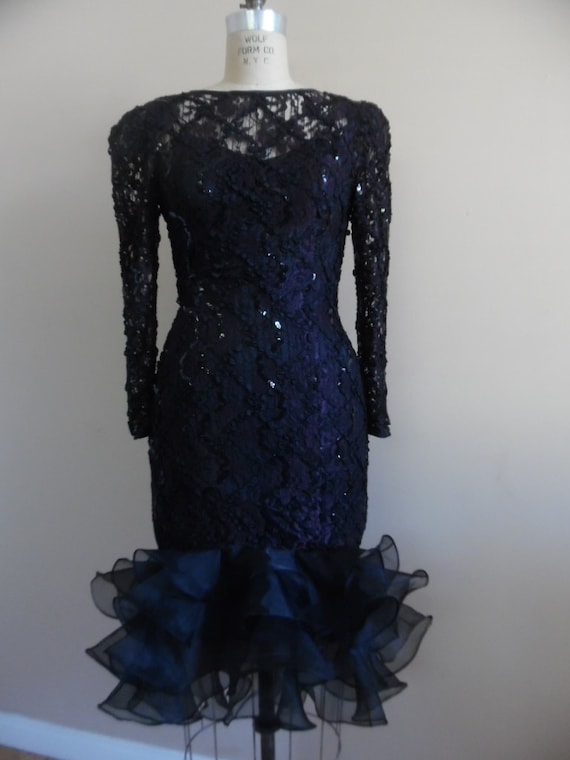 Dress, Vintage 1980s Black and Burgandy Lace, Rib… - image 2