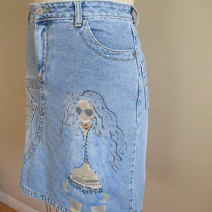 Vintage 1980s Denim Skirt by Jo Joneaa Jeans Light Blue Wash High Waist Skirt with Hand Painted Club Kid Jean Skirt 31 Inch Waist