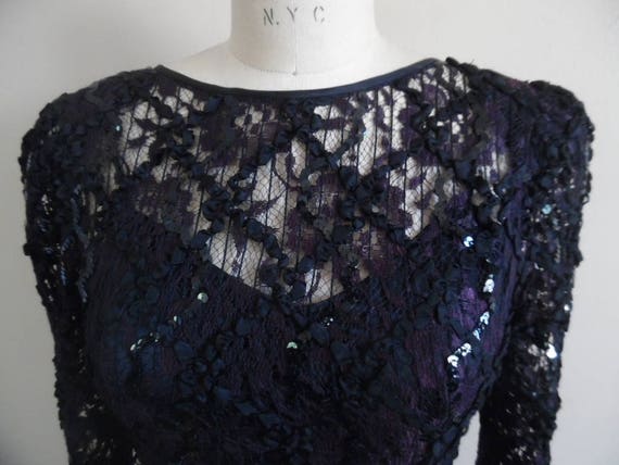 Dress, Vintage 1980s Black and Burgandy Lace, Rib… - image 3