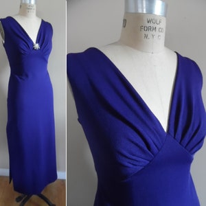 Vintage 1960s Evening Gown Purple Maxi Dress with Deep V Neckline Sleeveless Formal Dress Prom Dress