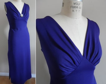 Vintage 1960s Evening Gown Purple Maxi Dress with Deep V Neckline Sleeveless Formal Dress Prom Dress