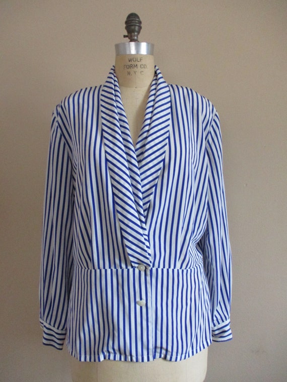 Vintage 1990s Blue and White Striped Blouse Surpl… - image 3