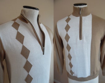 Vintage 1990s Golf Sweater Creamy White and Tan Diamond Motif Sweater by Scottish Winds Pullover Sweater Jumper with Wind Breaker Lining