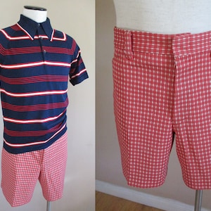 May include: A red and white checked short-sleeved shirt with a blue and white striped polo shirt layered on top. The shirt is on a mannequin.