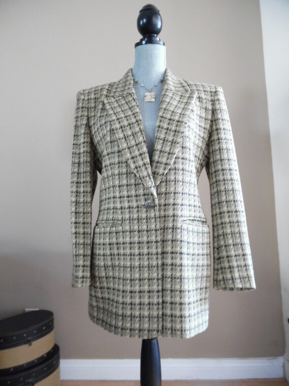 Vintage 1980s Blazer Olive Green and Cream Wool B… - image 2