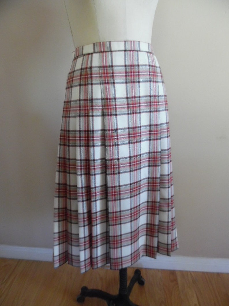 Vintage 1990s Wool Plaid Skirt by Pendleton Red Brown and Cream Side Pleated Skirt