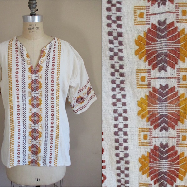 Vintage Creme Colored Cotton Short Sleeve Boho Peasant Blouse Folk Ethnic