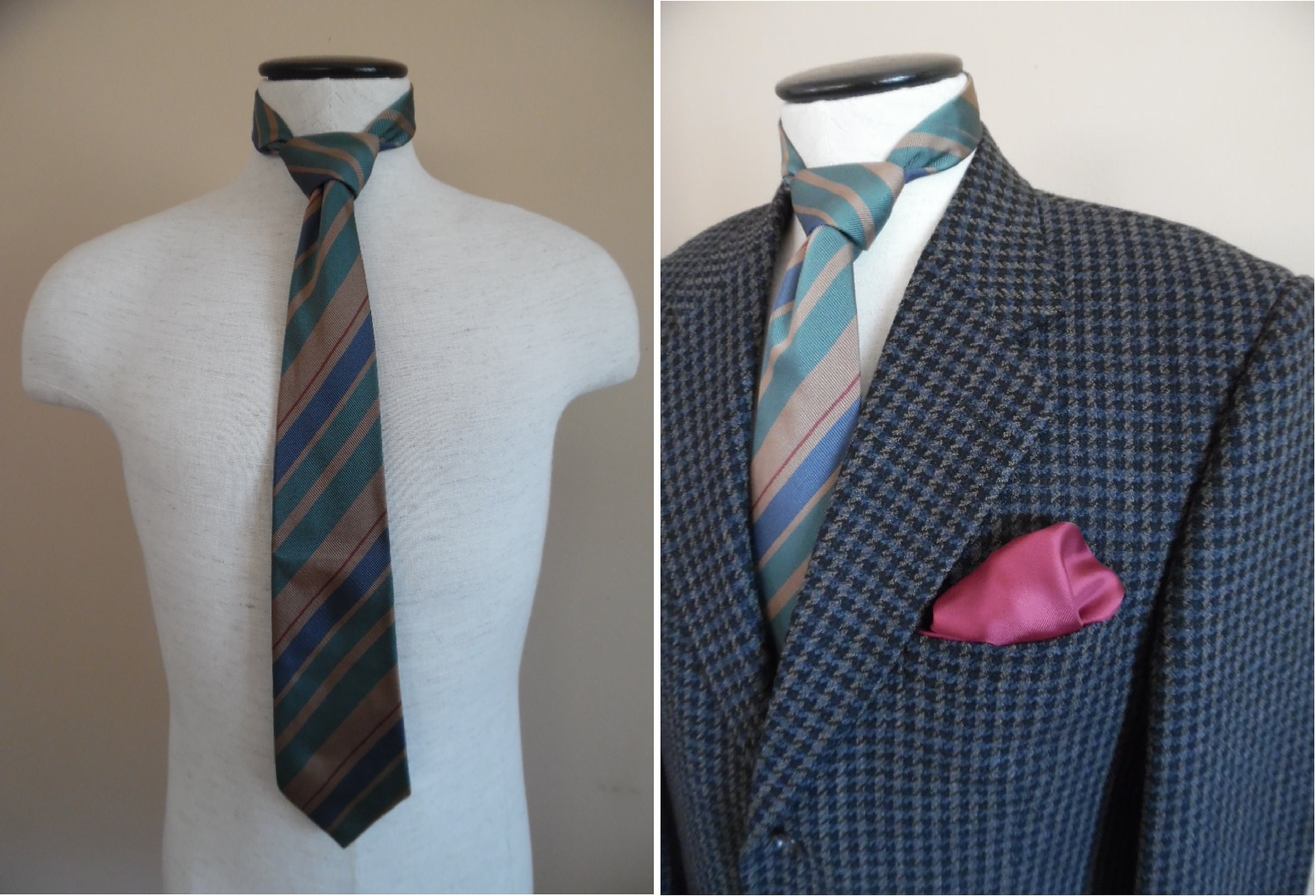 Vintage 1980s Ashley and Blake Necktie Tan Teal Burgundy and Green Diagonally Striped TieLetasVintage