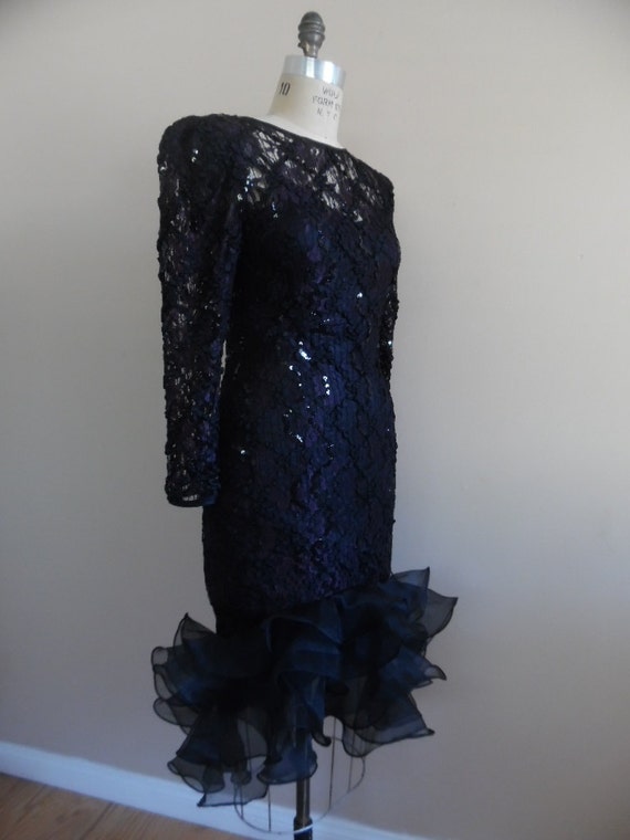 Dress, Vintage 1980s Black and Burgandy Lace, Rib… - image 5